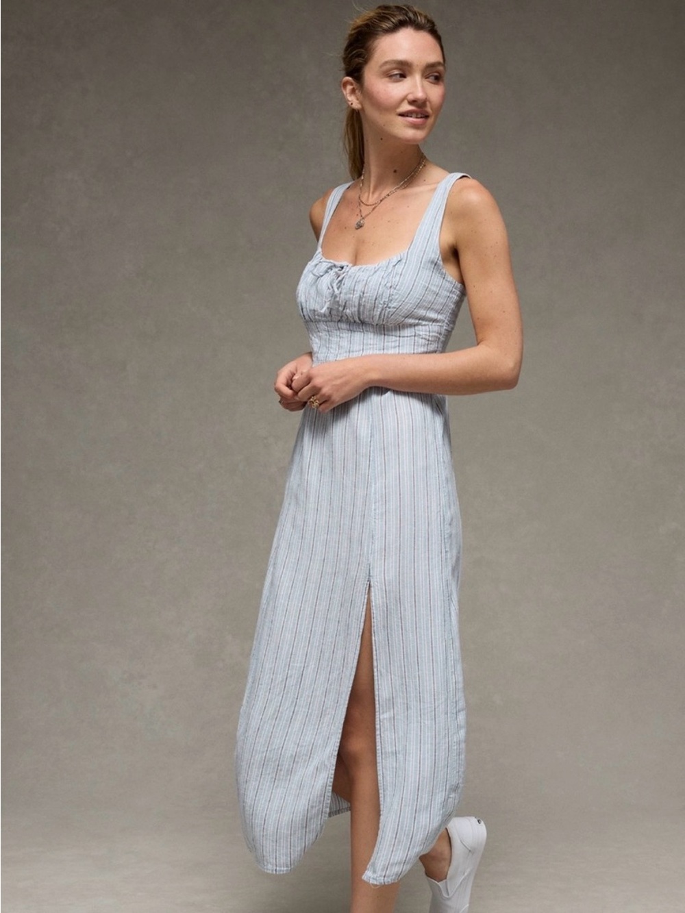 American Eagle Outfitters Light Blue Striped Midi Dress with Front Slit